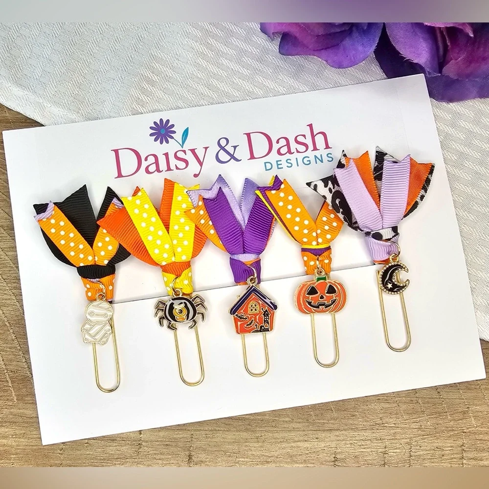 Set of 5 Halloween Ribbon Paperclip Bookmarks with Charms